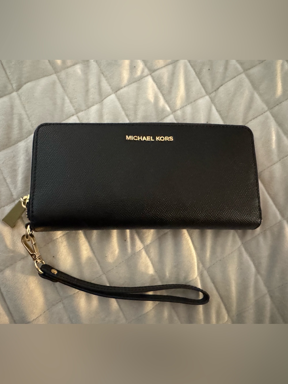 Michael Kors Black Leather Zip Wristlet Wallet with Gold Hardware